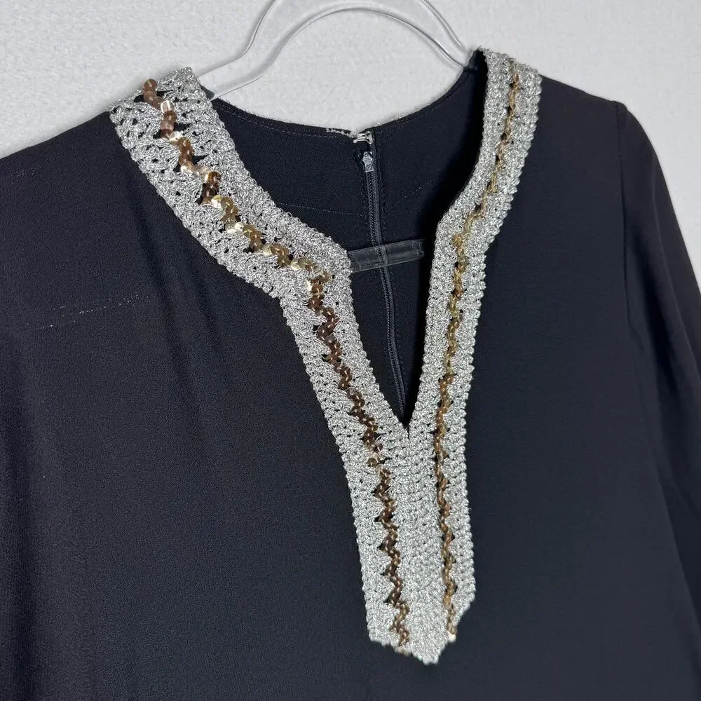 Vintage Black Silver Metallic Sequin Neck Shift A-Line Dress Cocktail M